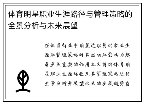 体育明星职业生涯路径与管理策略的全景分析与未来展望