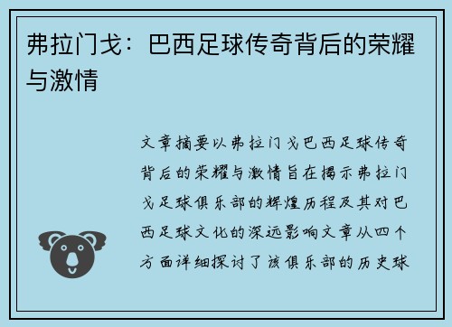 弗拉门戈：巴西足球传奇背后的荣耀与激情